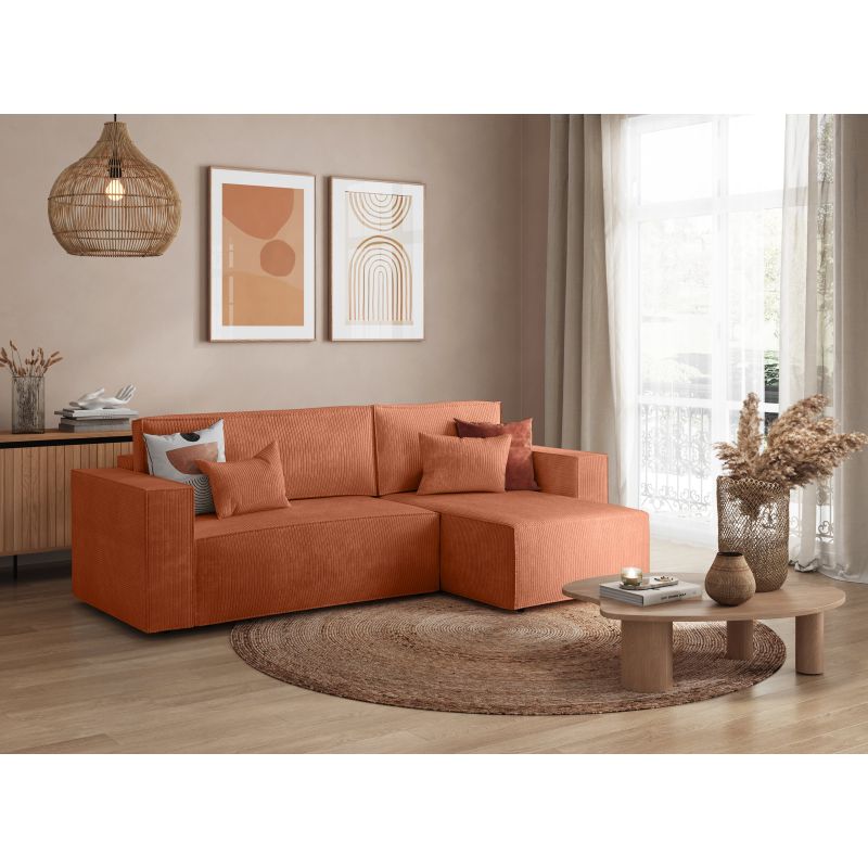 ZENTARA - Canapé d'angle convertible réversible avec coffre en velours côtelé - Terracotta