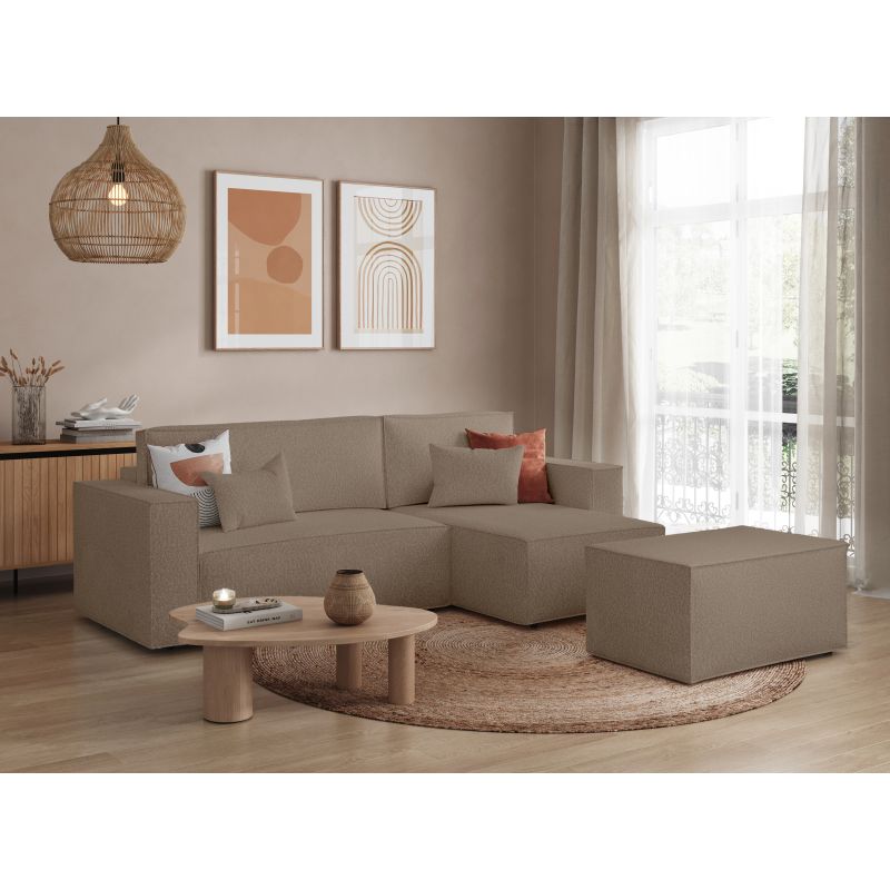 ZENTARA - Canapé d'angle convertible réversible avec pouf en tissu bouclette - Taupe