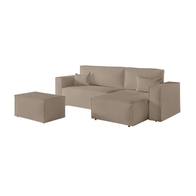 ZENTARA - Canapé d'angle convertible réversible avec pouf en tissu bouclette - Taupe