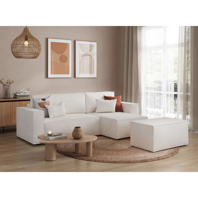 ZENTARA - Canapé d'angle convertible réversible avec pouf en tissu bouclette - Blanc