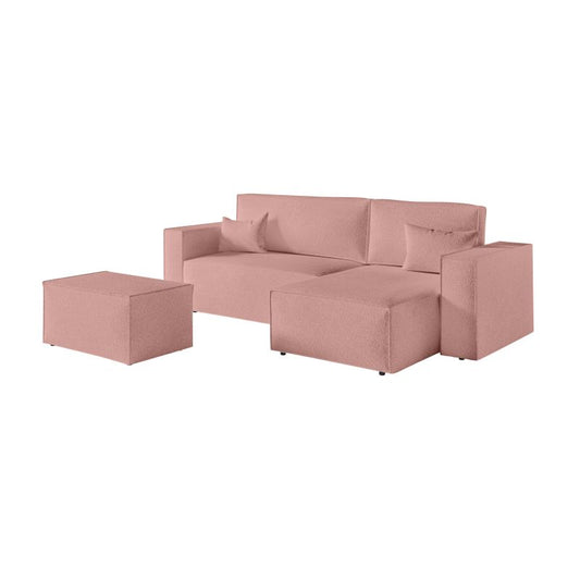 ZENTARA - Canapé d'angle convertible réversible avec pouf en tissu bouclette - Rose