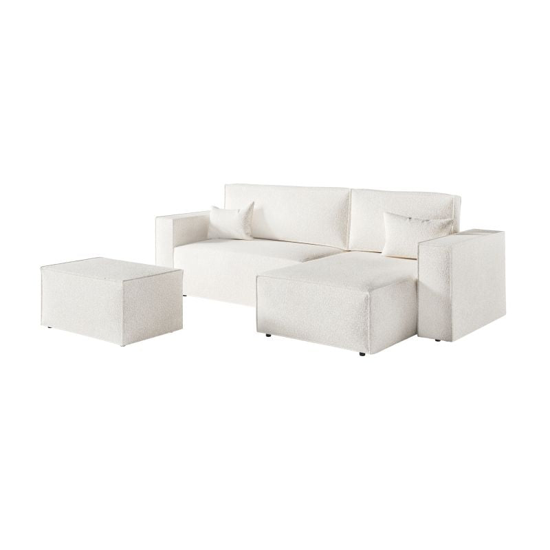 ZENTARA - Canapé d'angle convertible réversible avec pouf en tissu bouclette - Blanc