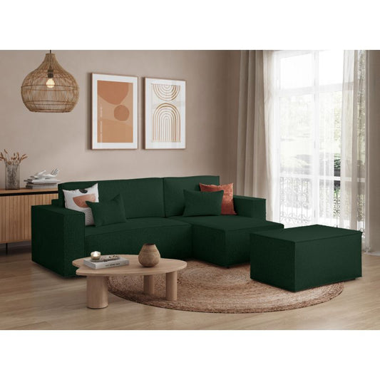 ZENTARA - Canapé d'angle convertible réversible avec pouf en tissu bouclette - Vert