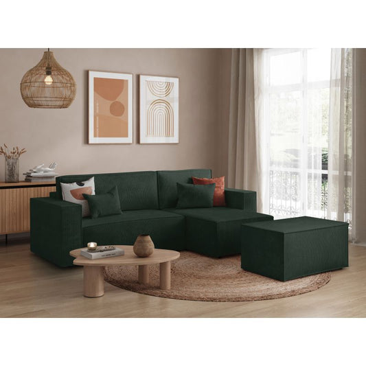 ZENTARA - Canapé d'angle convertible réversible avec pouf en velours côtelé - Vert foncé