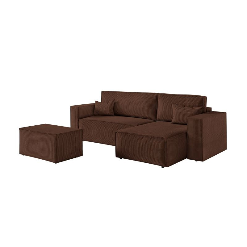 ZENTARA - Canapé d'angle convertible réversible avec pouf en velours côtelé - Marron