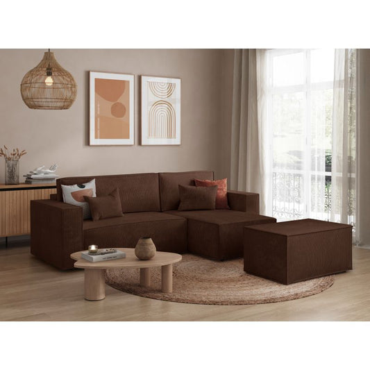 ZENTARA - Canapé d'angle convertible réversible avec pouf en velours côtelé - Marron