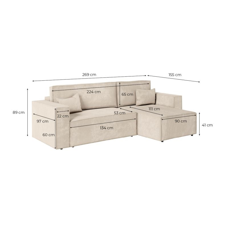 ZENTARA - Canapé d'angle convertible réversible avec pouf en velours côtelé - Beige