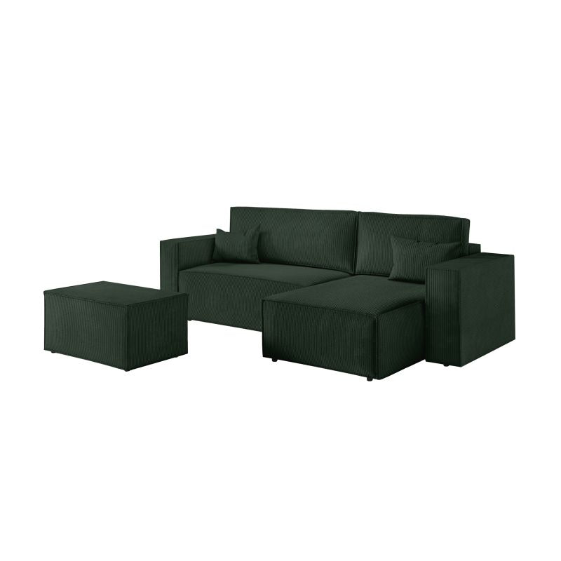 ZENTARA - Canapé d'angle convertible réversible avec pouf en velours côtelé - Vert foncé