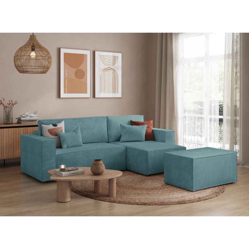 ZENTARA - Canapé d'angle convertible réversible avec pouf en velours côtelé - Bleu clair