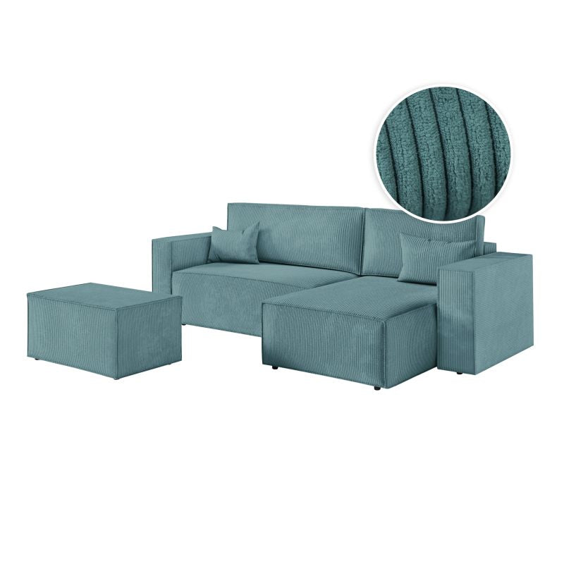 ZENTARA - Canapé d'angle convertible réversible avec pouf en velours côtelé - Bleu clair