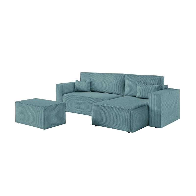 ZENTARA - Canapé d'angle convertible réversible avec pouf en velours côtelé - Bleu clair