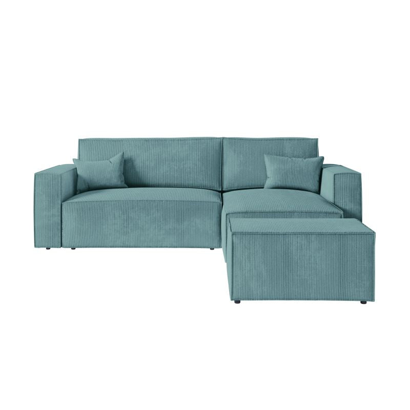 ZENTARA - Canapé d'angle convertible réversible avec pouf en velours côtelé - Bleu clair