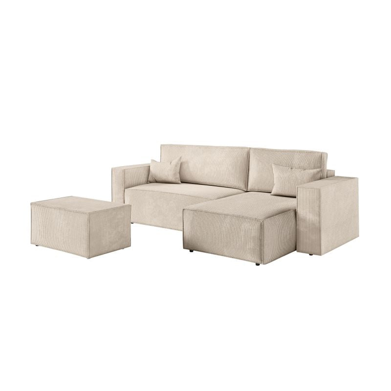 ZENTARA - Canapé d'angle convertible réversible avec pouf en velours côtelé - Beige