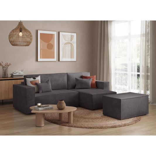 ZENTARA - Canapé d'angle convertible réversible avec pouf en velours côtelé - Gris foncé