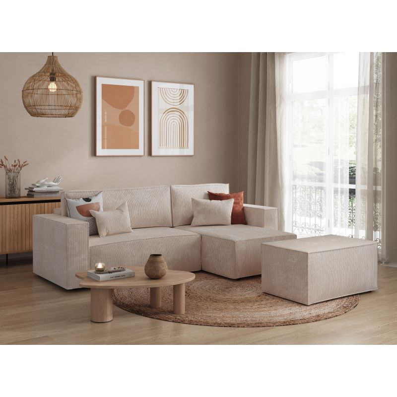 ZENTARA - Canapé d'angle convertible réversible avec pouf en velours côtelé - Beige