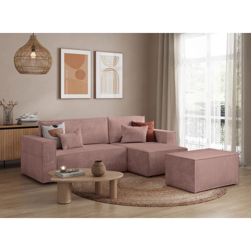 ZENTARA - Canapé d'angle convertible réversible avec pouf en velours côtelé - Vieux rose