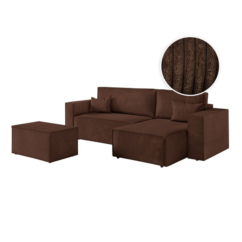 ZENTARA - Canapé d'angle convertible réversible avec pouf en velours côtelé - Marron