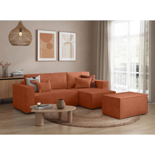 ZENTARA - Canapé d'angle convertible réversible avec pouf en velours côtelé - Terracotta