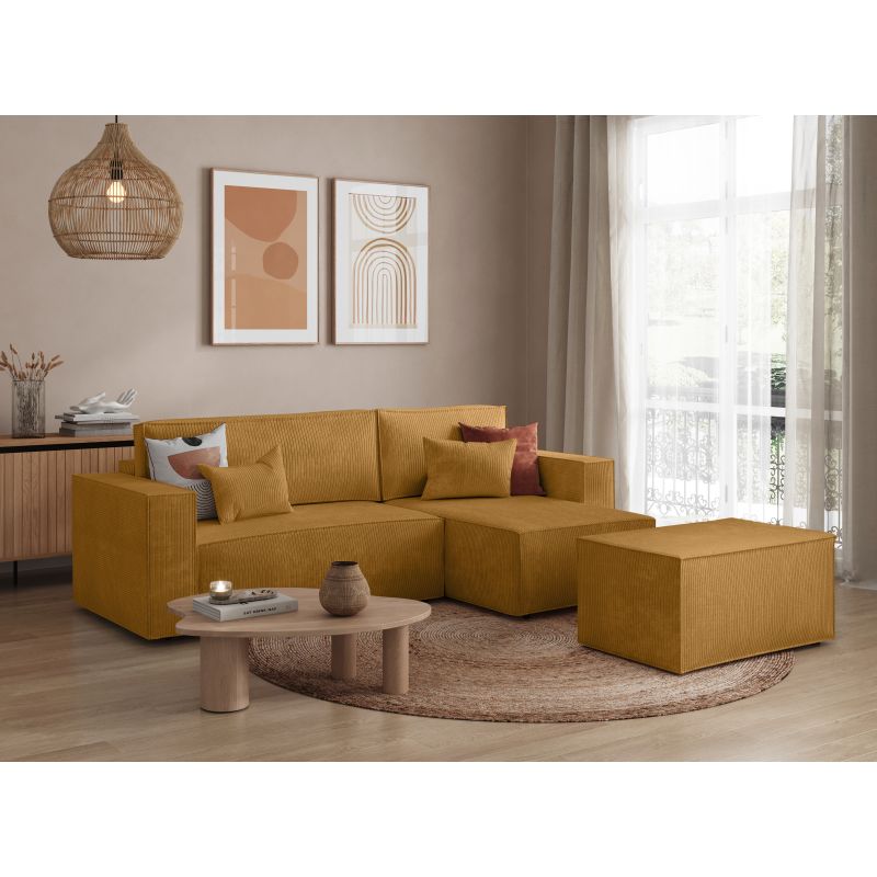 ZENTARA - Canapé d'angle convertible réversible avec pouf en velours côtelé - Jaune