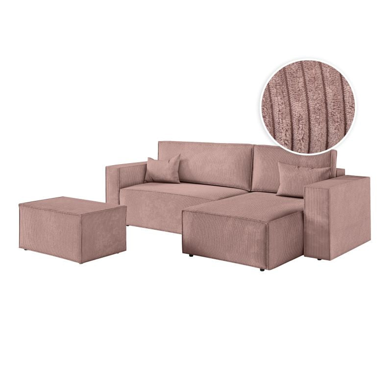 ZENTARA - Canapé d'angle convertible réversible avec pouf en velours côtelé - Vieux rose