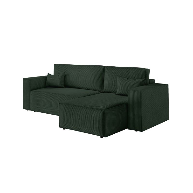 ZENTARA - Canapé d'angle convertible réversible avec pouf en velours côtelé - Vert foncé