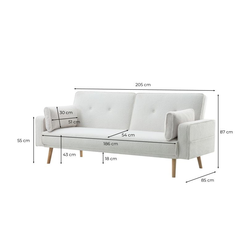 RANA - Canapé droit 3 places scandinave convertible en tissu bouclettes - Blanc