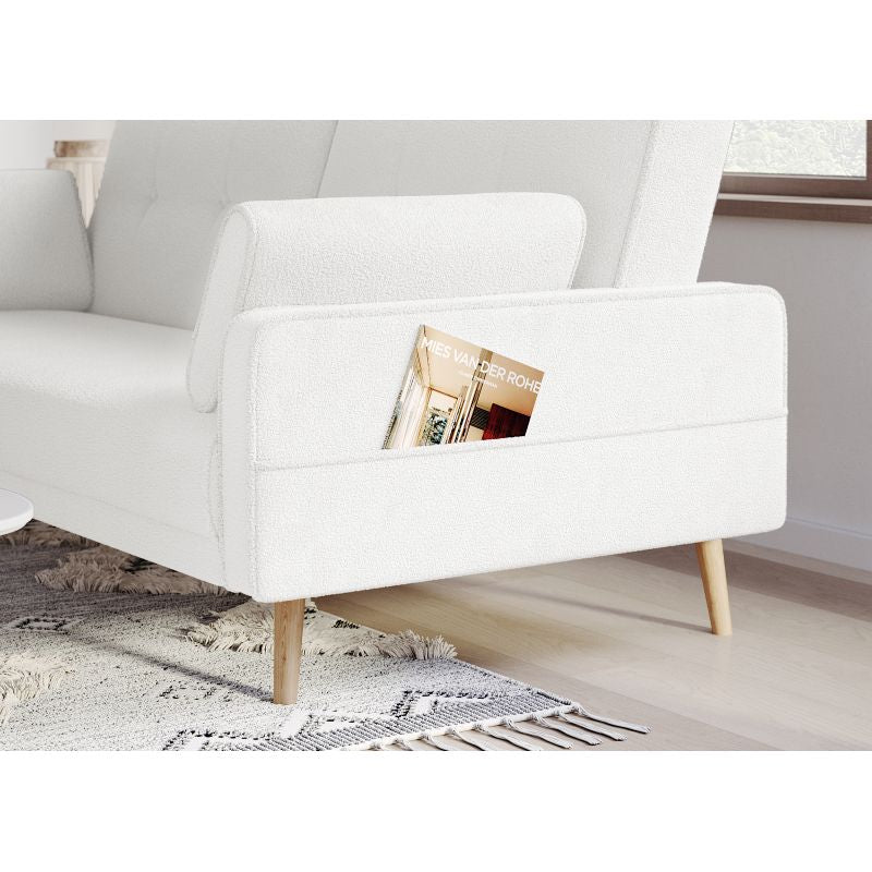 RANA - Canapé droit 3 places scandinave convertible en tissu bouclettes - Blanc