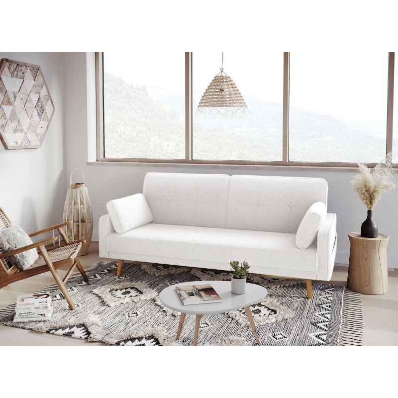 RANA - Canapé droit 3 places scandinave convertible en tissu bouclettes - Blanc