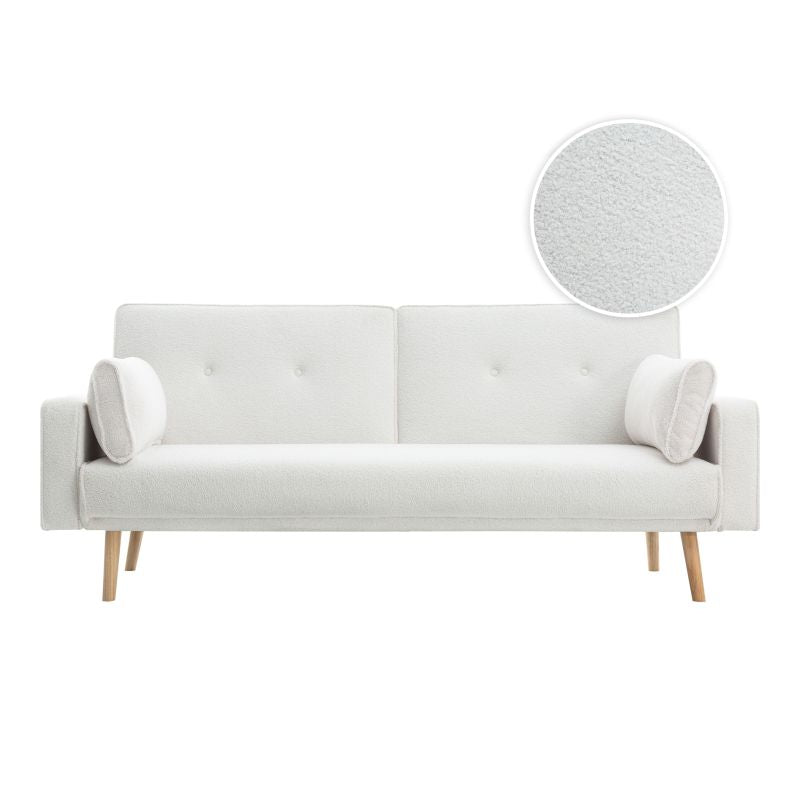 RANA - Canapé droit 3 places scandinave convertible en tissu bouclettes - Blanc