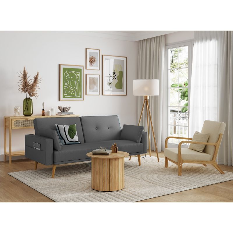 RANA - Canapé droit 3 places scandinave convertible en tissu - Gris foncé