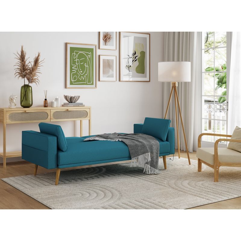 RANA - Canapé droit 3 places scandinave convertible en tissu - Bleu pétrole