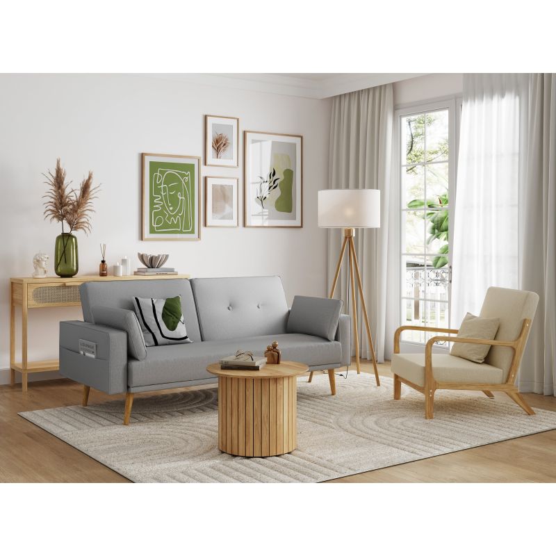 RANA - Canapé droit 3 places scandinave convertible en tissu - Gris clair