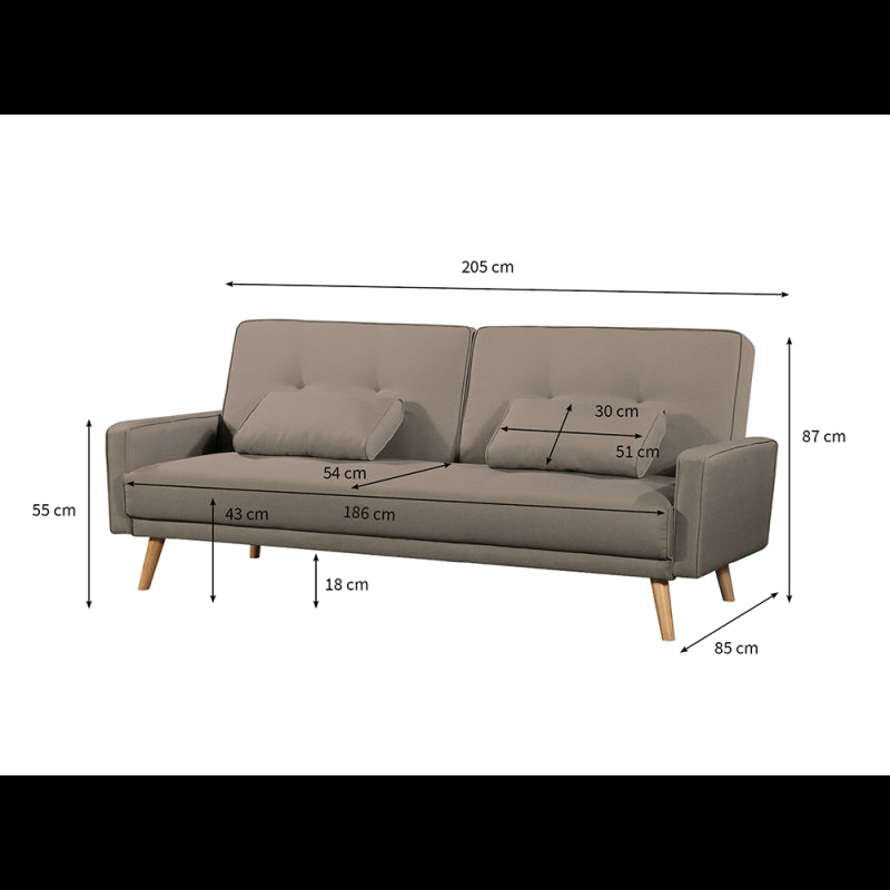 RANA - Canapé droit 3 places scandinave convertible en tissu - Taupe