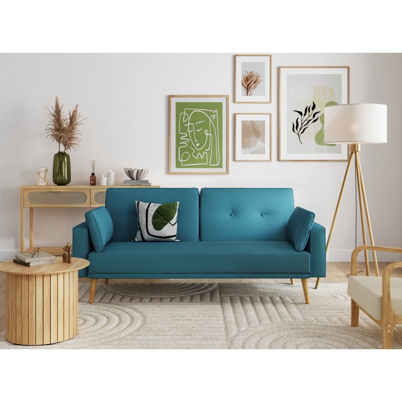 RANA - Canapé droit 3 places scandinave convertible en tissu - Bleu pétrole