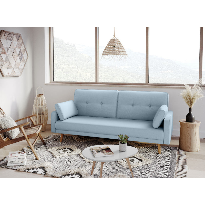 RANA - Canapé droit 3 places scandinave convertible en tissu - Bleu clair