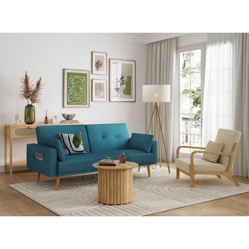 RANA - Canapé droit 3 places scandinave convertible en tissu - Bleu pétrole