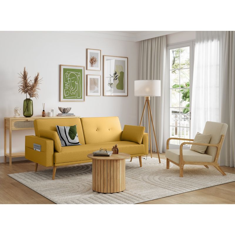 RANA - Canapé droit 3 places scandinave convertible en tissu - Jaune