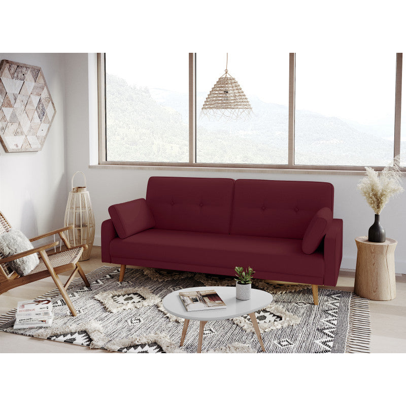 RANA - Canapé droit 3 places scandinave convertible en tissu - Bordeaux