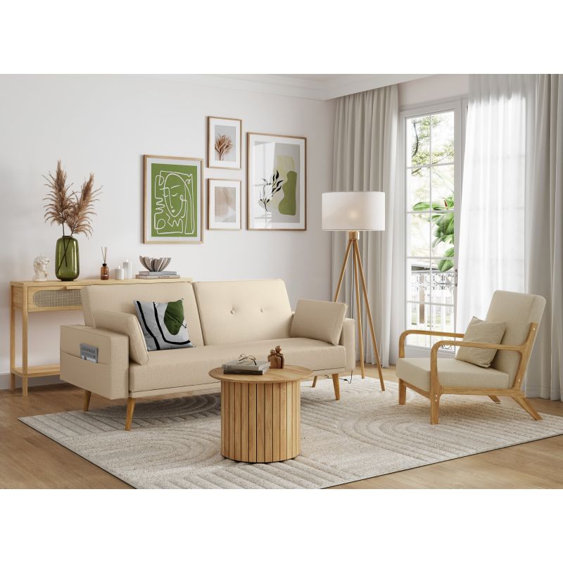 RANA - Canapé droit 3 places scandinave convertible en tissu - Beige