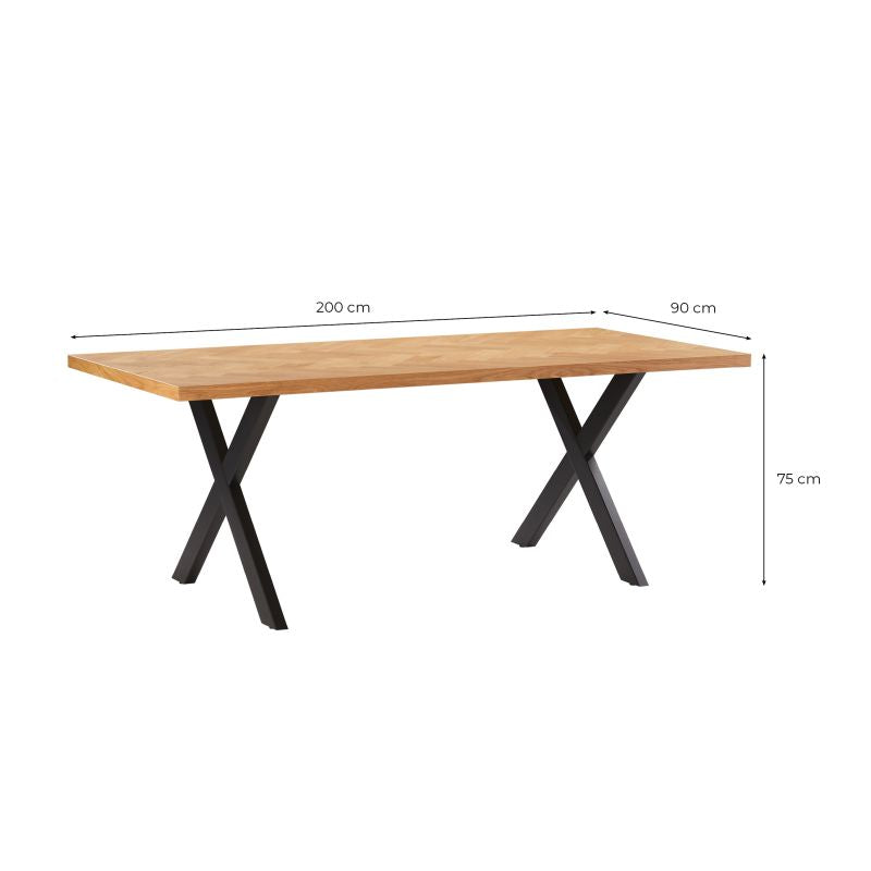 DEX - Table à manger 200cm avec plateau chevron finition chêne et pieds métal noir - Bois