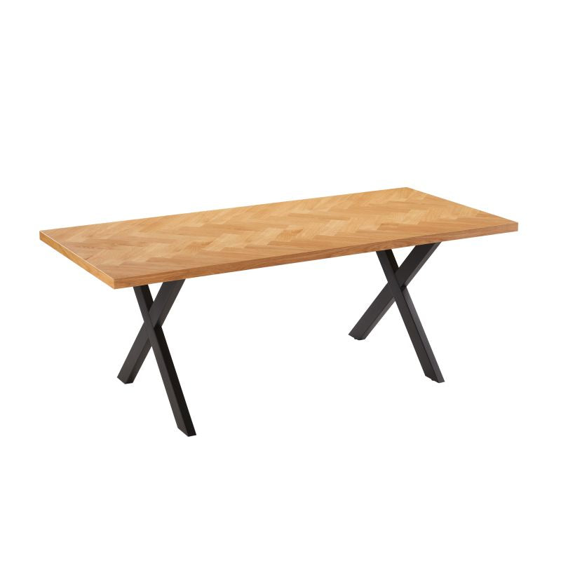 DEX - Table à manger 200cm avec plateau chevron finition chêne et pieds métal noir - Bois