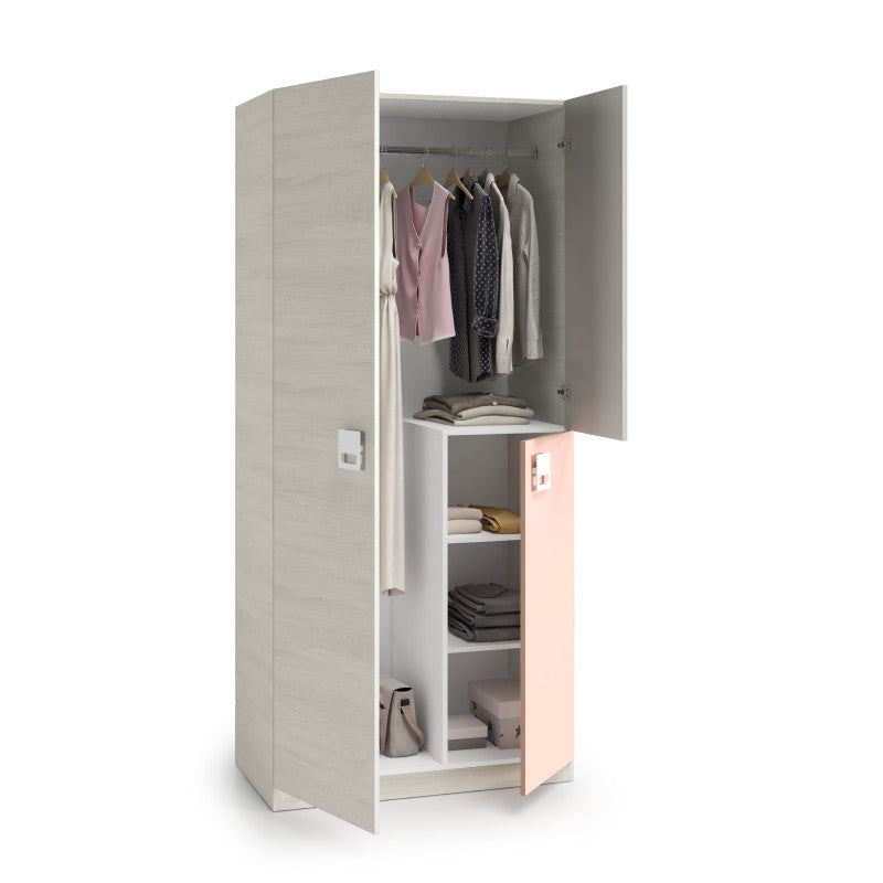 FOARM - Armoire penderie enfant 3 portes L90 x H200 cm - Gris/rose