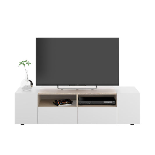 GUIDO - Meuble TV 4 portes et 2 niches de rangement L138 cm - Blanc/chêne