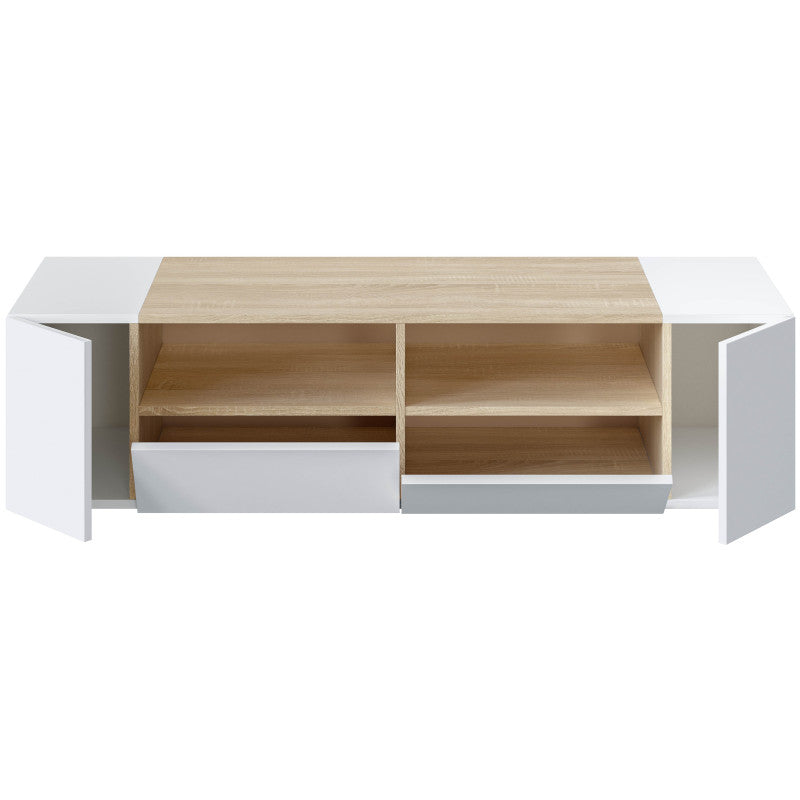 GUIDO - Meuble TV 4 portes et 2 niches de rangement L138 cm - Blanc/chêne