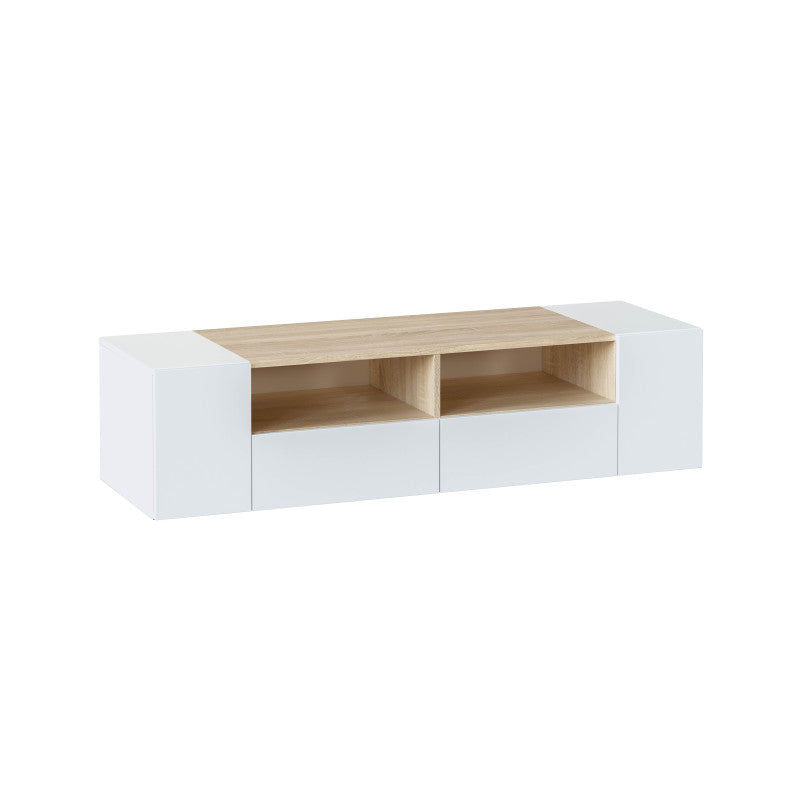 GUIDO - Meuble TV 4 portes et 2 niches de rangement L138 cm - Blanc/chêne