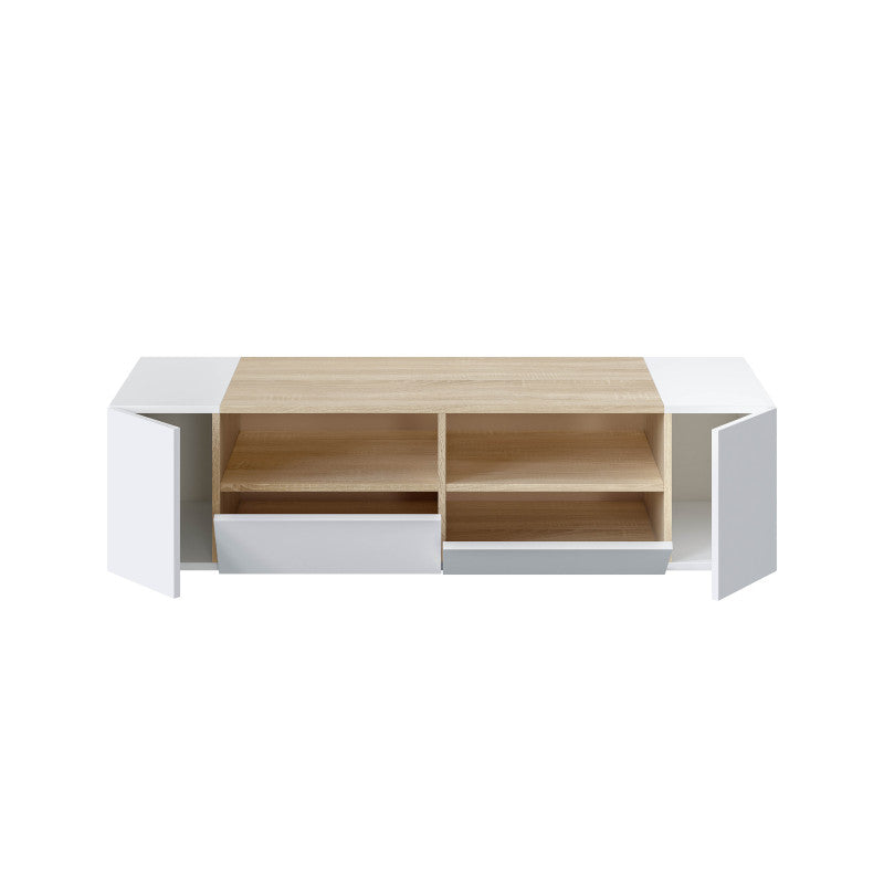 GUIDO - Meuble TV 4 portes et 2 niches de rangement L138 cm - Blanc/chêne