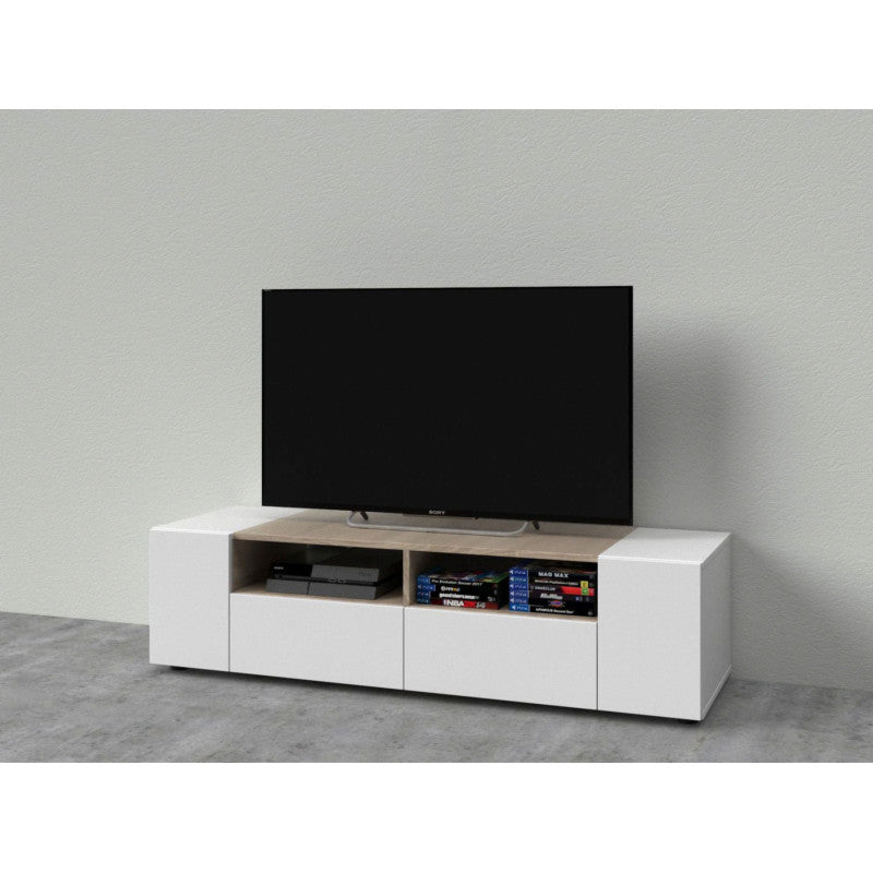 GUIDO - Meuble TV 4 portes et 2 niches de rangement L138 cm - Blanc/chêne