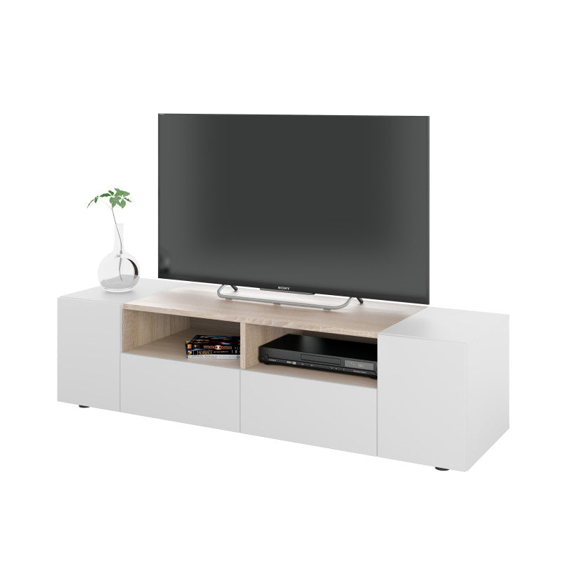 GUIDO - Meuble TV 4 portes et 2 niches de rangement L138 cm - Blanc/chêne