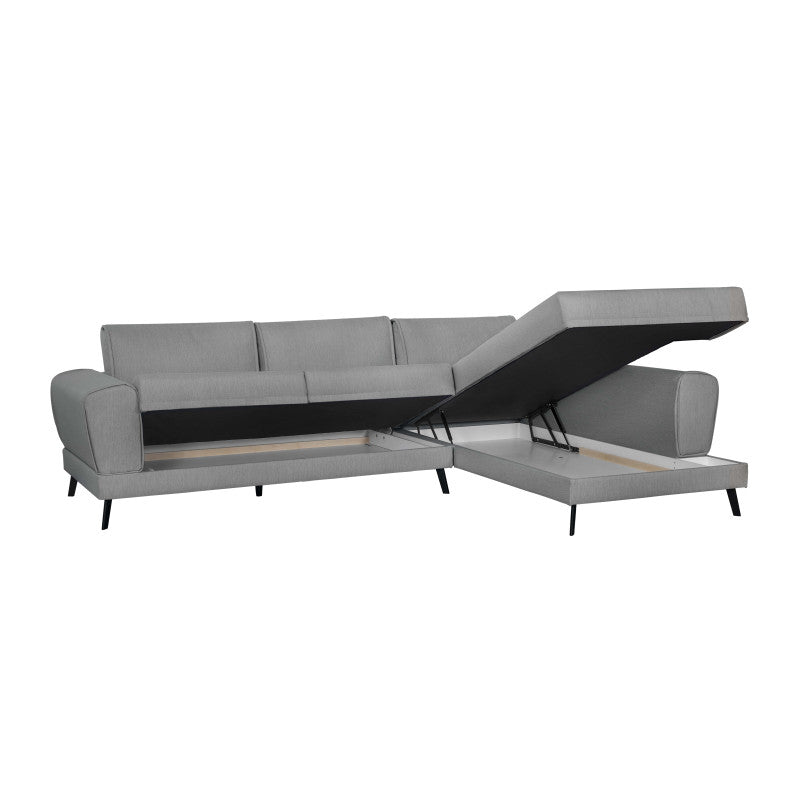 ORION - Canapé d'angle convertible 2 coffres en tissu et pieds en métal noir - Gris clair