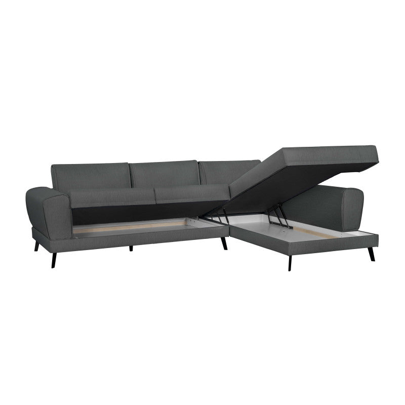 ORION - Canapé d'angle convertible 2 coffres en tissu et pieds en métal noir - Gris foncé